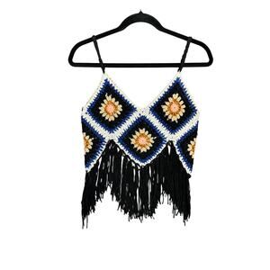 Boho Festival Open Knit Crochet Granny Square Fringe Crop Top Shirt Hippie